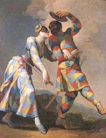 Giovanni Domenico Ferretti Gemalde des italienischen Malers Giovanni Domenico Ferretti. Motiv Arlecchino Harlekin und Colombina
